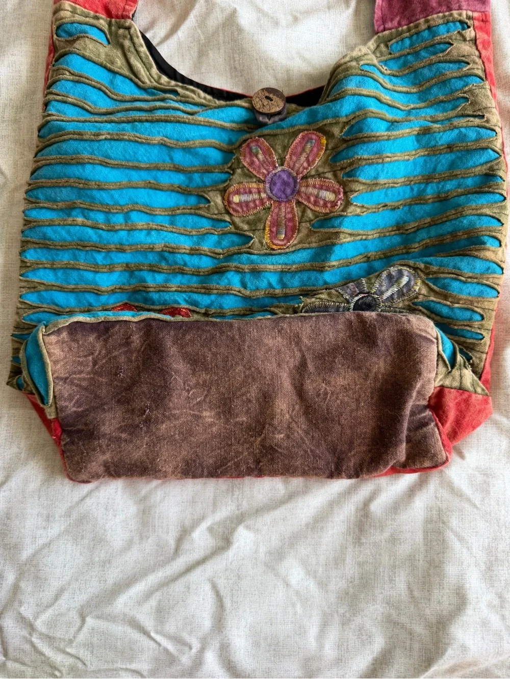 Boho Hippie Floral Cutout Patchwork Shoulder Bag w/ Zippers (OS)